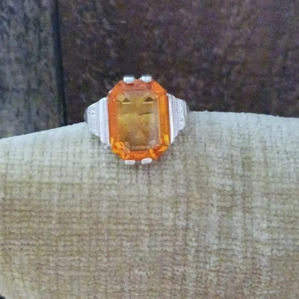 Synthetic Orange Stone Four Prong Set Silver Ring